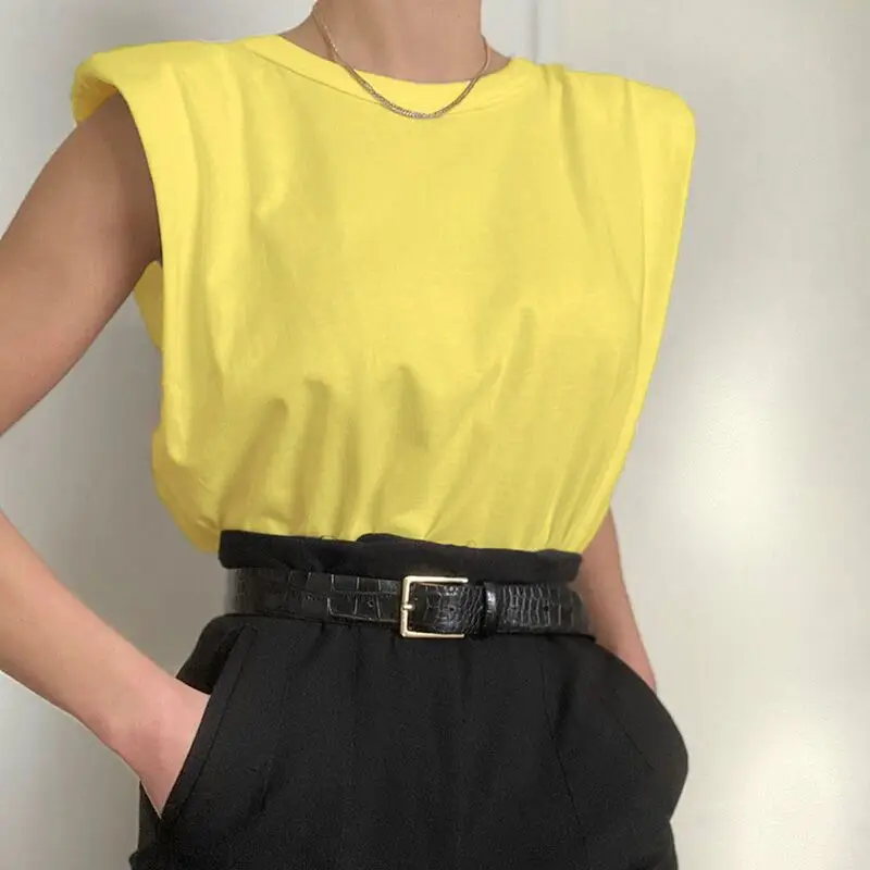 Viifaa White T Shirt with Shoulder Pad Sleeveless Round Neck Summer Tshirt Women Casual Loose Office Ladies Tops