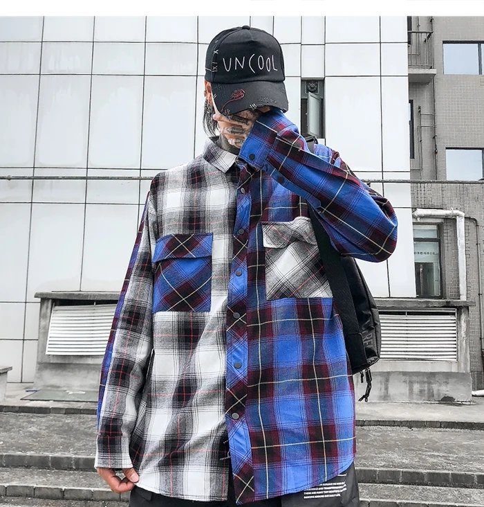 AELFRIC клетчатая Лоскутная Мужская рубашка с принтом Harajuku уличная мужская с длинным рукавом модная хип хоп Повседневная хлопковая Топы оверсайз