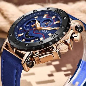 

2020 Mens Watches LIGE Top Brand Luxury Big Dial Military Quartz Watch Blue Leather Waterproof Sports Chronograph Watch For Men