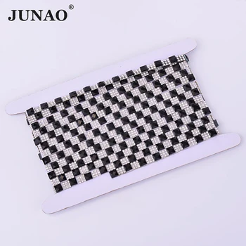 

JUNAO 5 Yard*8mm Black Hotfix Rhinestone Trim Chain Crystal Fabric Glass Ribbon Hot Fix Rhinestone Applique Banding