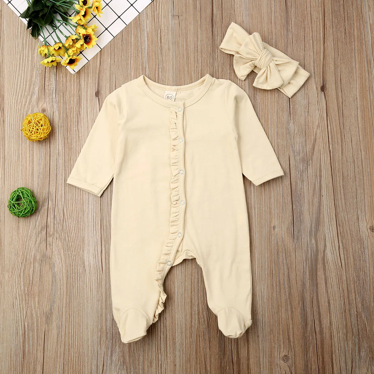 CANIS/комплект из 2 предметов для новорожденных девочек и мальчиков; хлопковый однотонный комбинезон с длинными рукавами и оборками; повязка на голову; Пижама; одежда