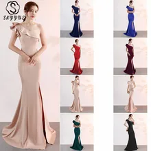 Skyyue сексуальное вечернее платье с одним плечом женские вечерние платья однотонное платье с разрезом De Soiree с коротким рукавом Деловая одежда C092-DS1