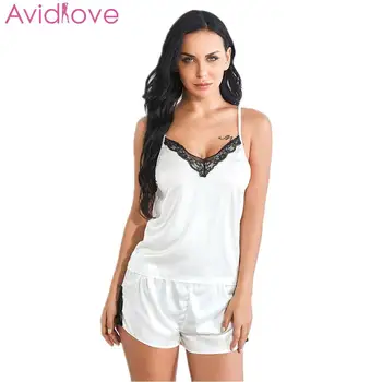 

Women Faux Silk Sexy Lingerie Split Pajama V-neck Floral Lace Patchwork Camisole Shorts Female Sexy Nightwear Exotic Sets