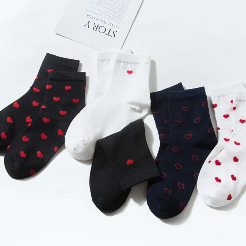5 пар корейских женских Хлопковых Носков, милые чулочно-носочные изделия в стиле Харадзюку с сердечками