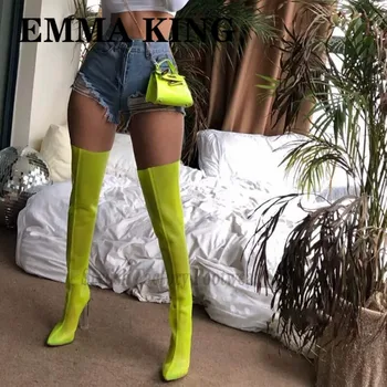 

Neon Green Summer Sandals Pointed Toe Women Mesh The Knee Thigh High Boots Crystal Chunky Gladiator Back Zipper Long Sock Boot