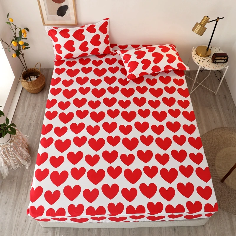 Bed-Sheet Pillowcase Fitted Elastic Housse White-Color Heart-Printed Bonenjoy with Red
