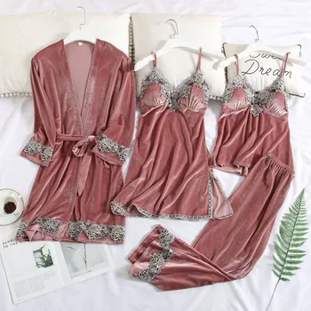 

Women's Robe & Gown Set Gold Velvet Sexy Lace Pajamas Female Nightwear Long Sleeve Home Sleep Set Long Sleeve Clothes Loungewear