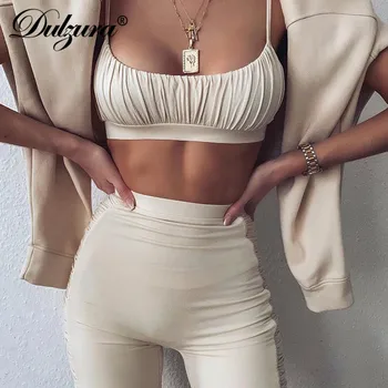 

Dulzura ruched women two piece set crop top strap biker shorts fitness co ord matching 2020 summer clothes outfit tracksuit