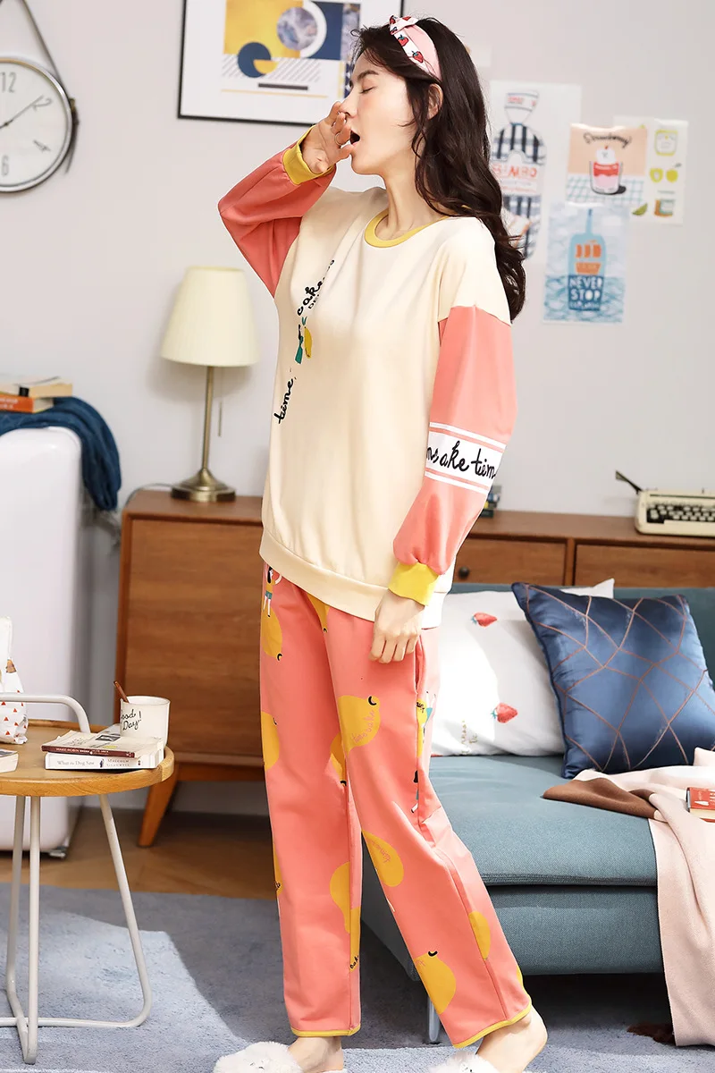 

5037 Pajamas Women's Spring And Autumn Pure Cotton Korean-style Piece Tracksuit Sweet Long-sleeve Suit Students Casual Wear