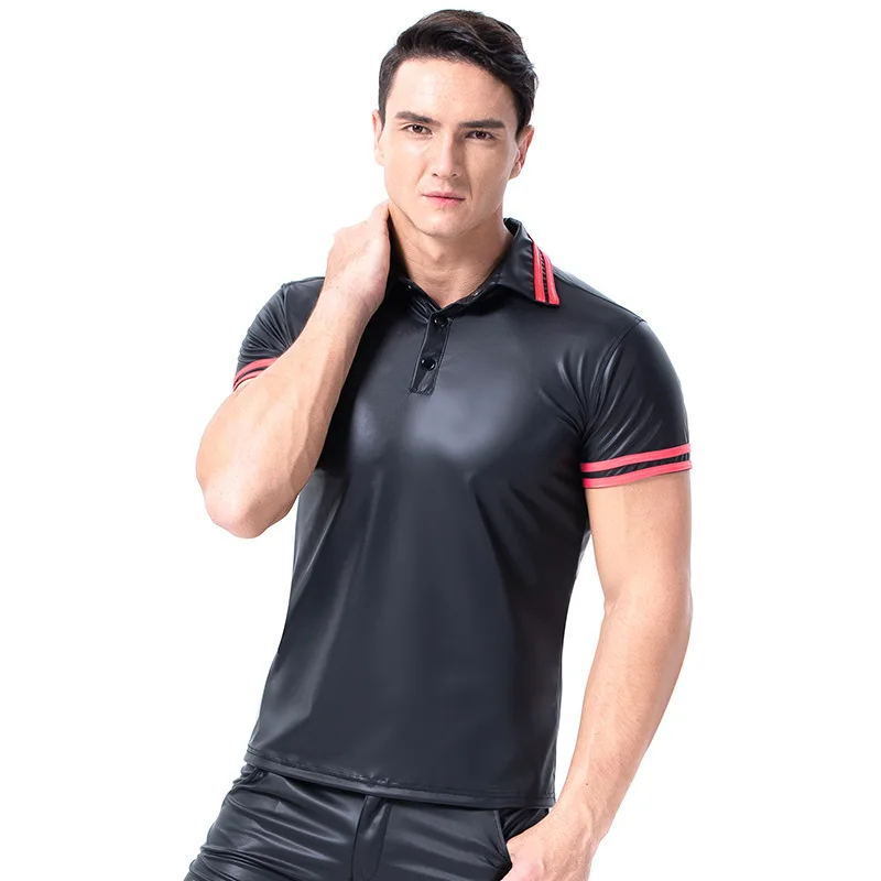 Сексуальные мужские футболки из искусственной кожи для геев, обтягивающие футболки для фитнеса, топы для сцены, футболки, вечерние, Клубная одежда, черная футболка в латексном стиле
