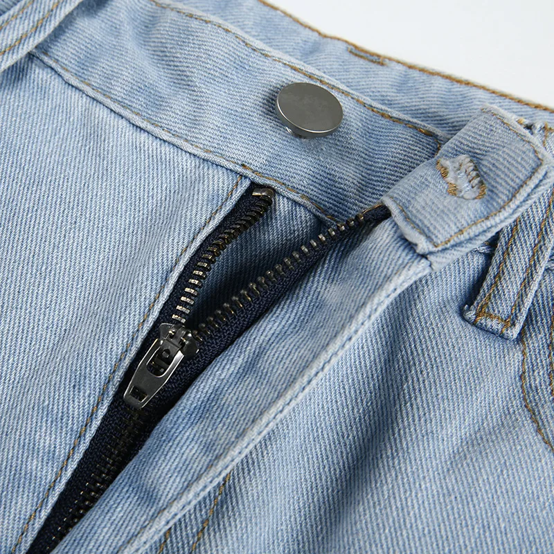 Light Blue Ripped Jeans Women Straight Leg Denim Pants Ladies Knees Ripped Destroyed Loose Fit Washed Boyfriend Jeans Trousers