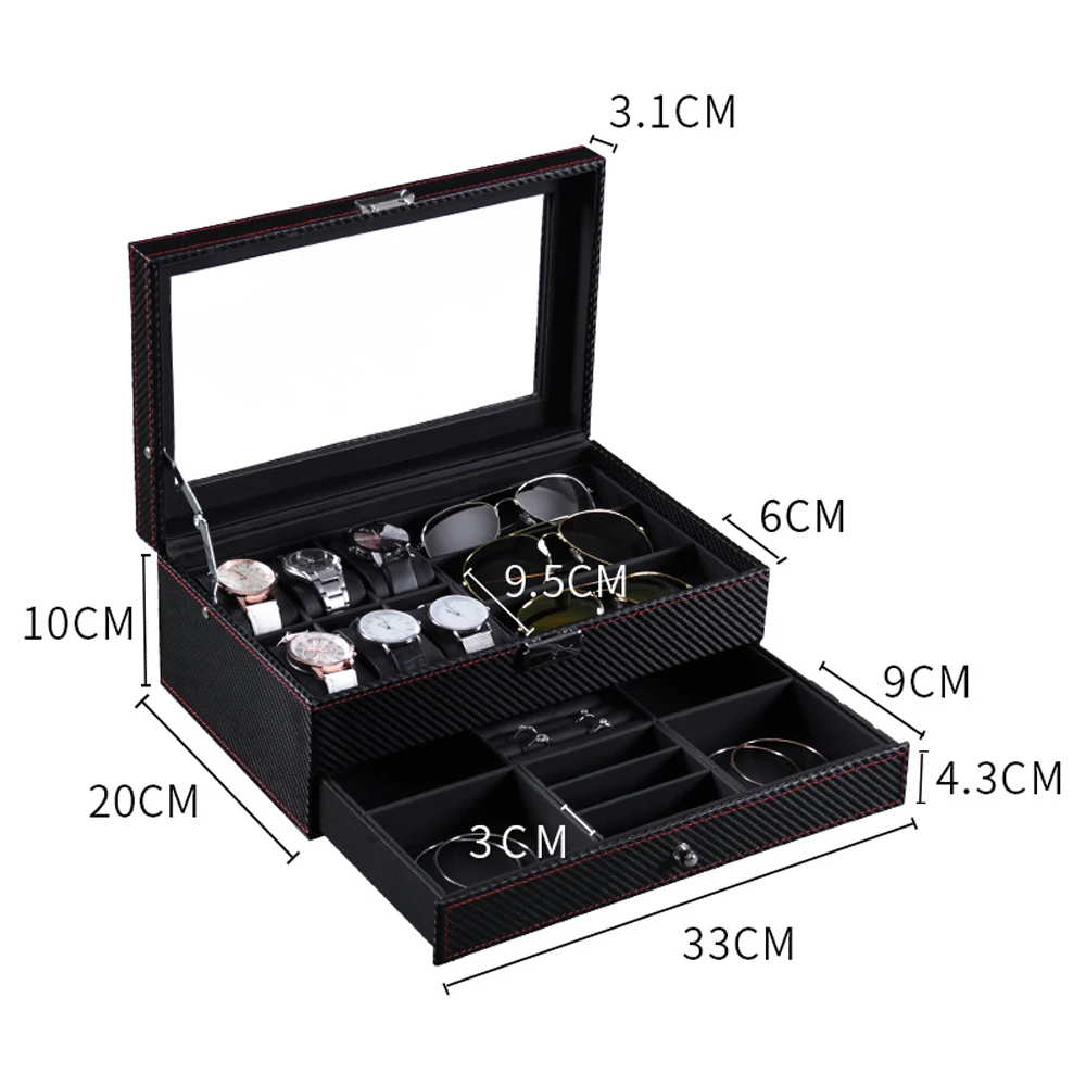 CdyBox коробка для часов Черная углеродистая кожа двойное украшение коробка серьги держатель Чехол для очков для женщин и мужчин
