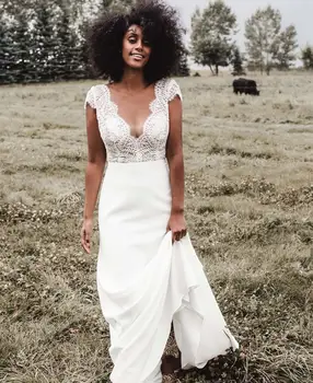 

Wedding Dress Boho V-Neck Soft Chiffon And Lace Bohemian Bridal Gowns 2021 Short Sleeve Floor Length Beach Simple White Elegant