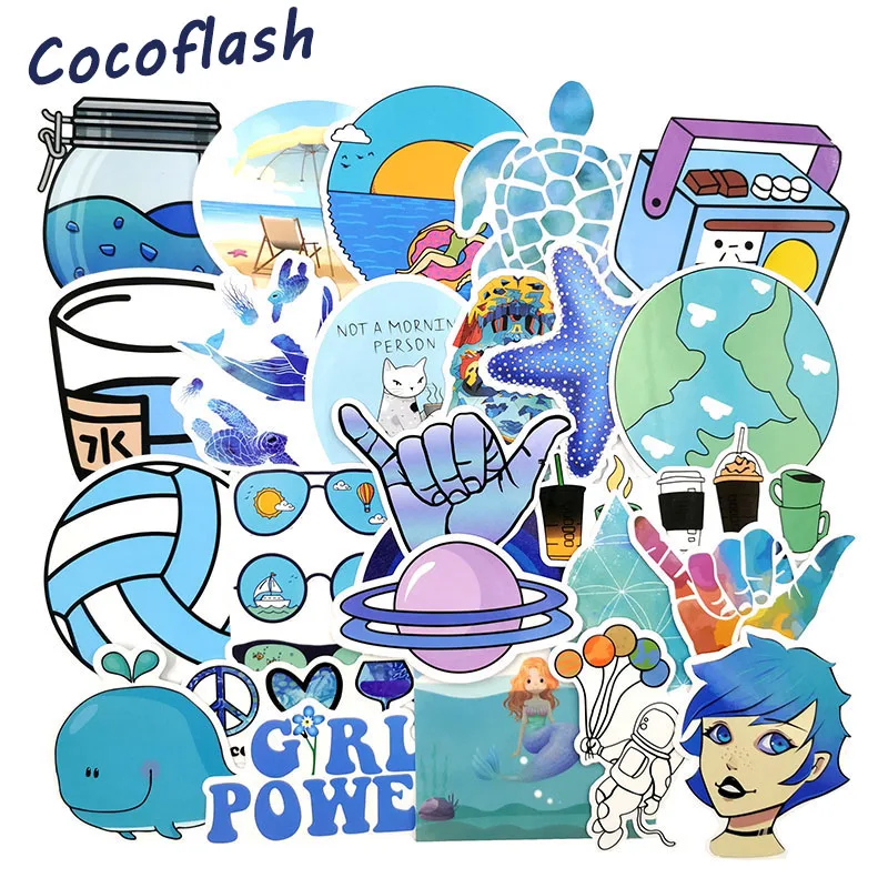 100 Pcs Vsco STYLE Blue Cartoon Stickers Ocean Flower Cartoon Animals Seahorse Starfish Glasses Dolphins Toy Sticker Waterproof