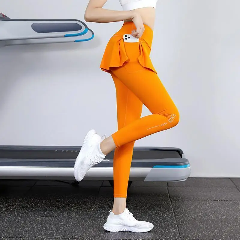 High Waist Legging Nylon Elasticity Gymwear Workout Running Activewear Yoga Pant Hip Lifting Trainning Fake Two Skirt + Pants sports leggings yoga pants
