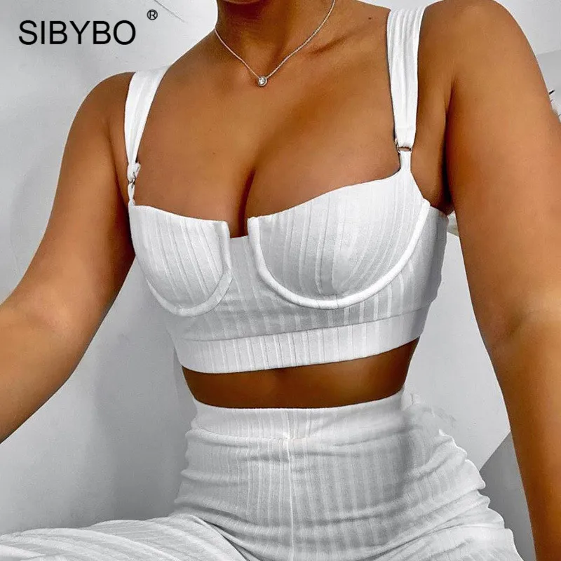 SIBYBO, ребристый, высокая талия, сексуальный укороченный топ и штаны, набор, спагетти ремень, спортивная одежда, комплект из двух частей, женский, с открытой спиной, женский спортивный костюм