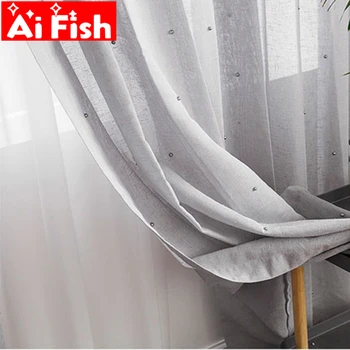 

American Luxury Pearl Thicker Gray Light-transmitting Tulle Paque With Beaded Window Screen Curtain for living room M234-20