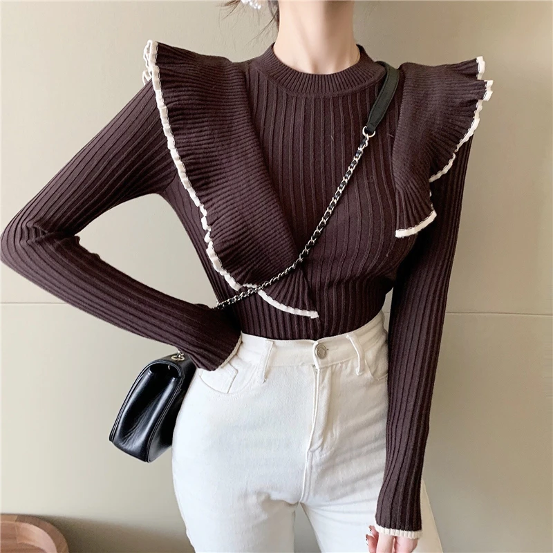 Mozuleva 2019 Sweet O-neck Ruffles Women Knitted Sweater Autumn Winter Warm Slim Long-sleeved Female Pullover Jumpers Vestidos Mozuleva 2019 Sweet O-neck Ruffles Women Knitted Sweater Autumn Winter Warm Slim Long-sleeved Female Pullover Jumpers Vestidos