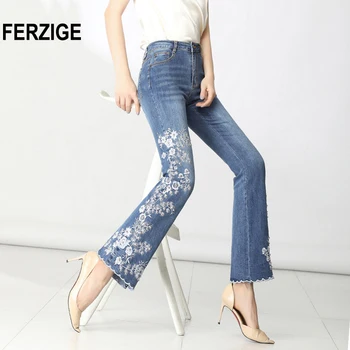 

FERZIGE Women Jeans High Waist Embroidered Floral Beads Desinger Bell Bottom Stretch Flared Pants Women's Clothes Big Size 36