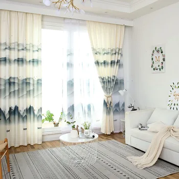 

NewChinese Style Curtains for Living Dining Room Bedroom Velvet Hemp Printed Fabric Curtain Tulle Finished Product Customization