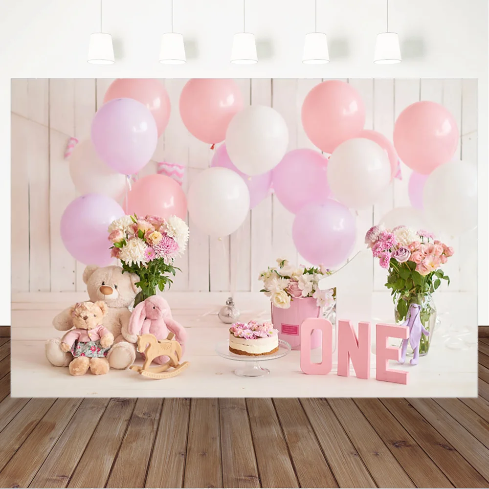 

Pink Balloon Girl First Birthday Photography Backdrops Toy Bear Rabbit Backdrop Newborn Baby Kids Backgrounds for Photo Studio
