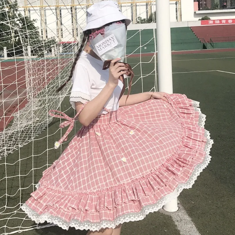 red plaid skirt Kawaii Лолита юбка японский стиль 90 подростков мягкая Сестра Дейзи аппликации кружева лоскутное рюшами Сарафан в клетку юбки - Цвет: red plaid skirt