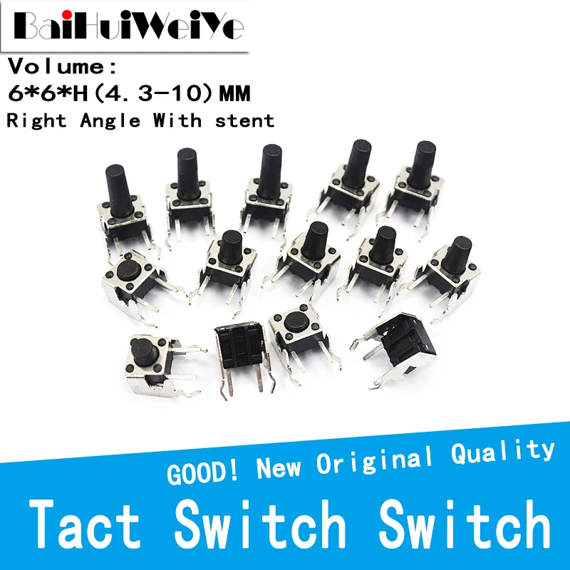 10pcs dtsa 61n v imported taiwan 2 pin 6 6 4 3 side key switch with bracket brown button tact 50PCS/LOT 6*6*4.3 to 10 MM Panel PCB Momentary Tactile Tact Mini Switch Right Angle With Stent 6*6*4.3/4.5/5/6/7/7.5/8/9/10 mm