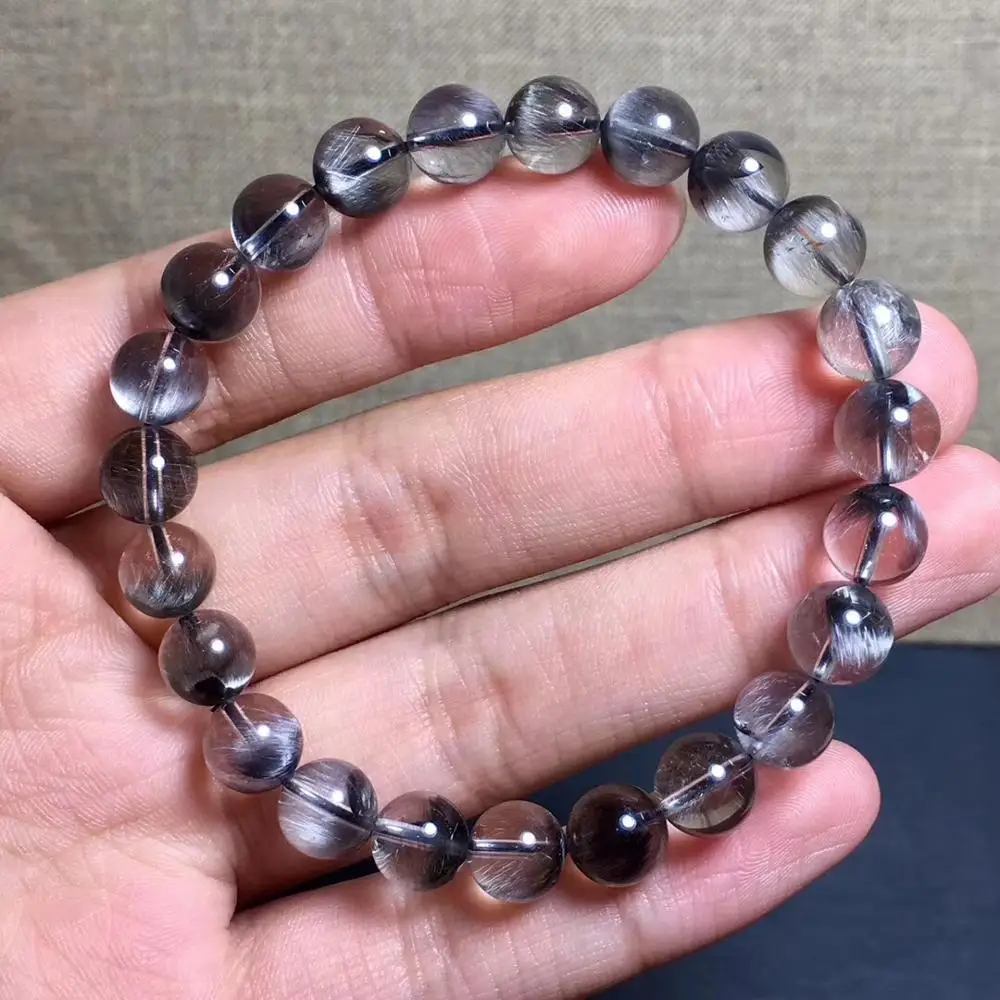 

8.1mm Natural Brookite Platinum Silver Rutilated Quartz Bracelet Woman Clear Round Beads Gift Wealthy Crystal Stretch AAAAA