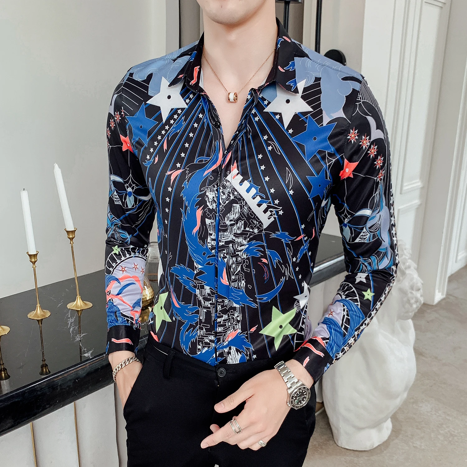 black Повседневная Облегающая рубашка Camisa Masculina мужская уличная сорочка футболка с длинными рукавами Мужская рубашка с цветочным принтом гаитские звезды печать - Цвет: black