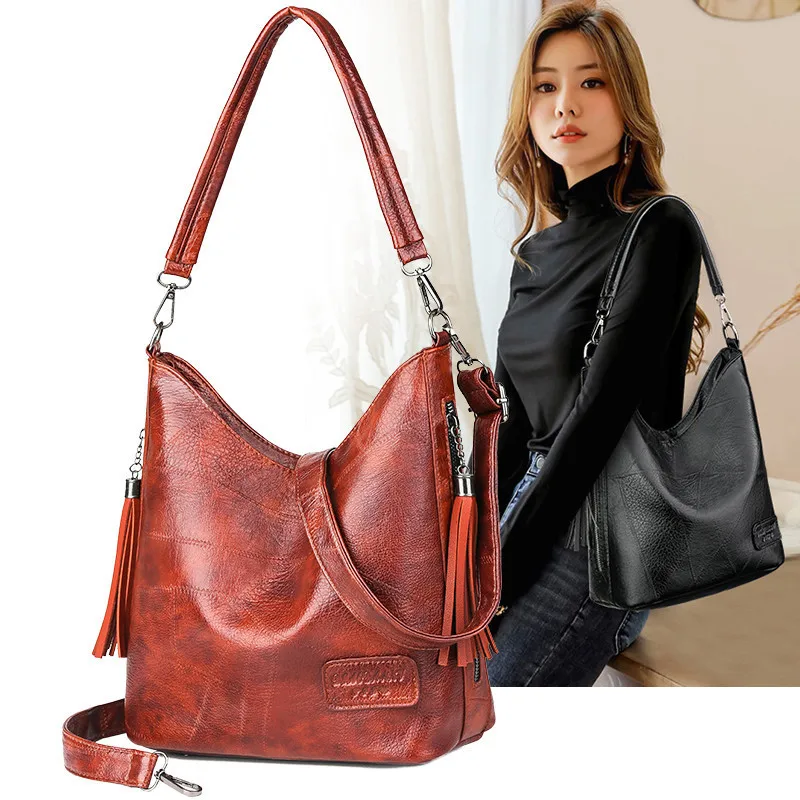Big Women Bucket Bag Female Shoulder Bags Large Size Vintage Soft Patchwork Leather Lady Cross Body Handbag for Women Hobos Bag