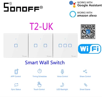

Sonoff T2 UK Wifi Wireless Wall Switch Smart Light Touch Switch 1/2/3 Gang UK Switch eWeLink APP Remote Control For Android/IOS