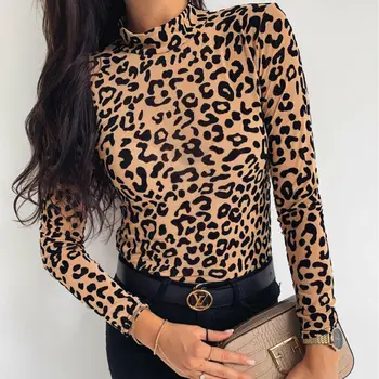 

Women Autumn Winter Top Leopard Print Basic T Shirt Elegant Long Sleeve Turtle Neck Tee Shirt Femme Ladies tshirt Streetwear