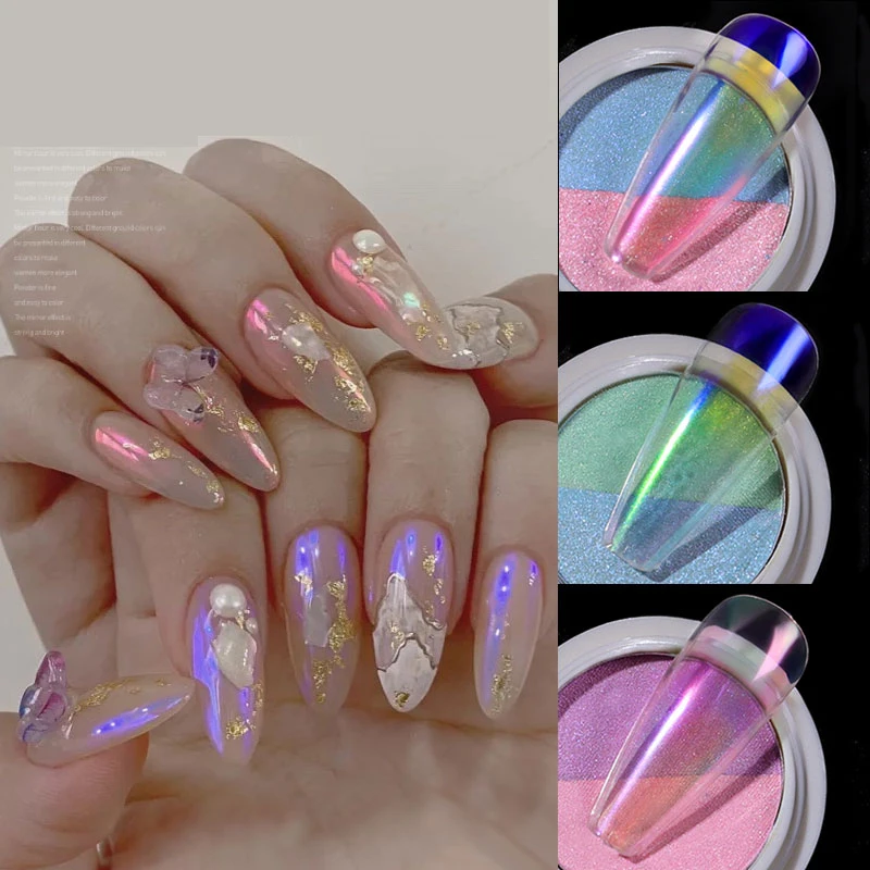 

1 Box Holographic Neon Solid Nail Glitter Powder Double Color Transparent Aurora Powders Dust Nail Art Pigment Chrome Decoration