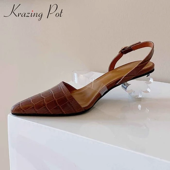 

Krazing pot genuine leather stone pattern gingham office lady pointed toe strange crystal heels buckle straps summer pumps L03