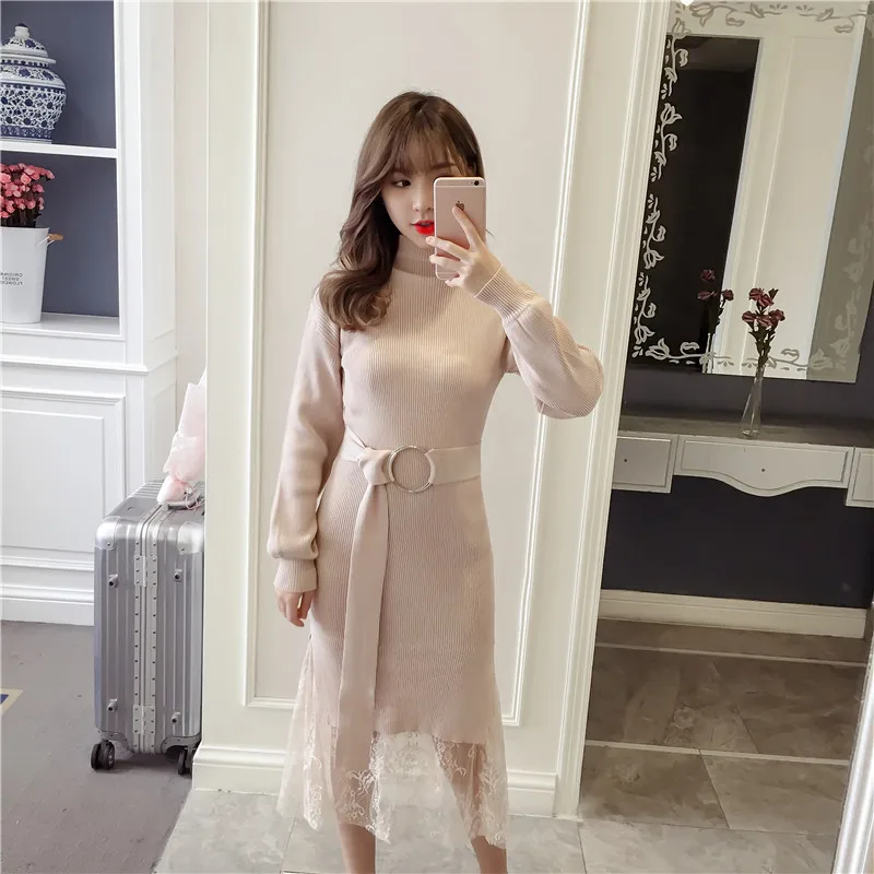2019 осенне-зимнее модное женское платье-свитер эластичный длинный рукав