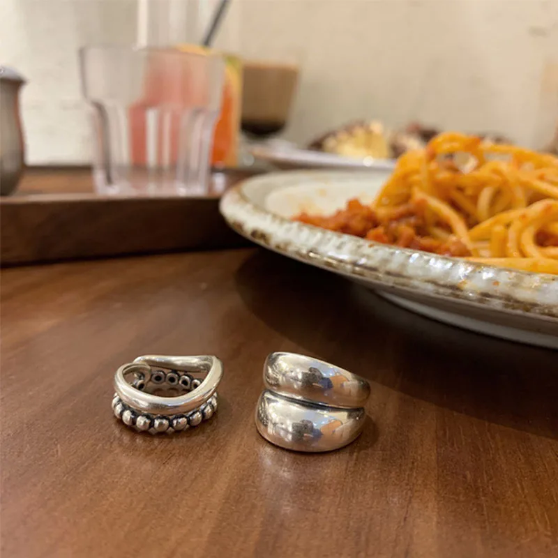 VENTFILLE 925 Silver New Thick Simple Wave Light-shaped Solid Double-layer Rings Trendy Couple Ring Female Gift - Image 4