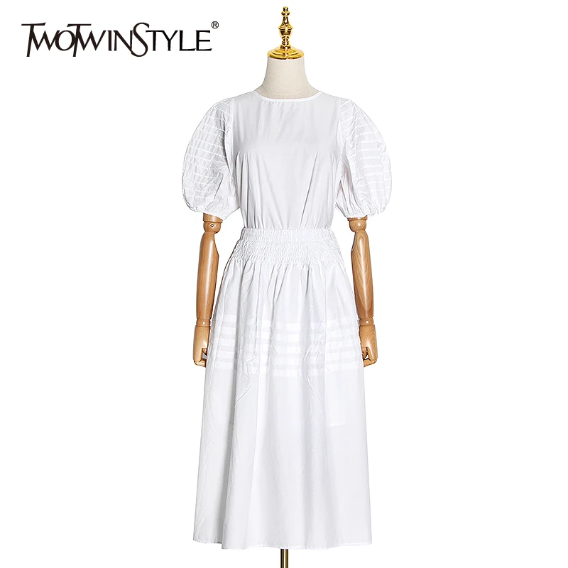 TWOTWINSTYLE Casual Two Piece Set Female O Neck Lantern Half Sleeve Top High Waist Midi Summer Suits Women Clothes 2020 Fashion