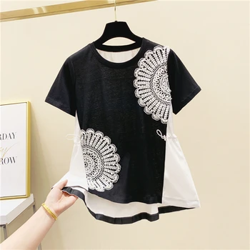 

Women's Lace Tshirt Fashion Beaded Drawstring Waist Short-Sleeved T-shirt Female Summer Loose Tops T Shirts Tees Black Grey