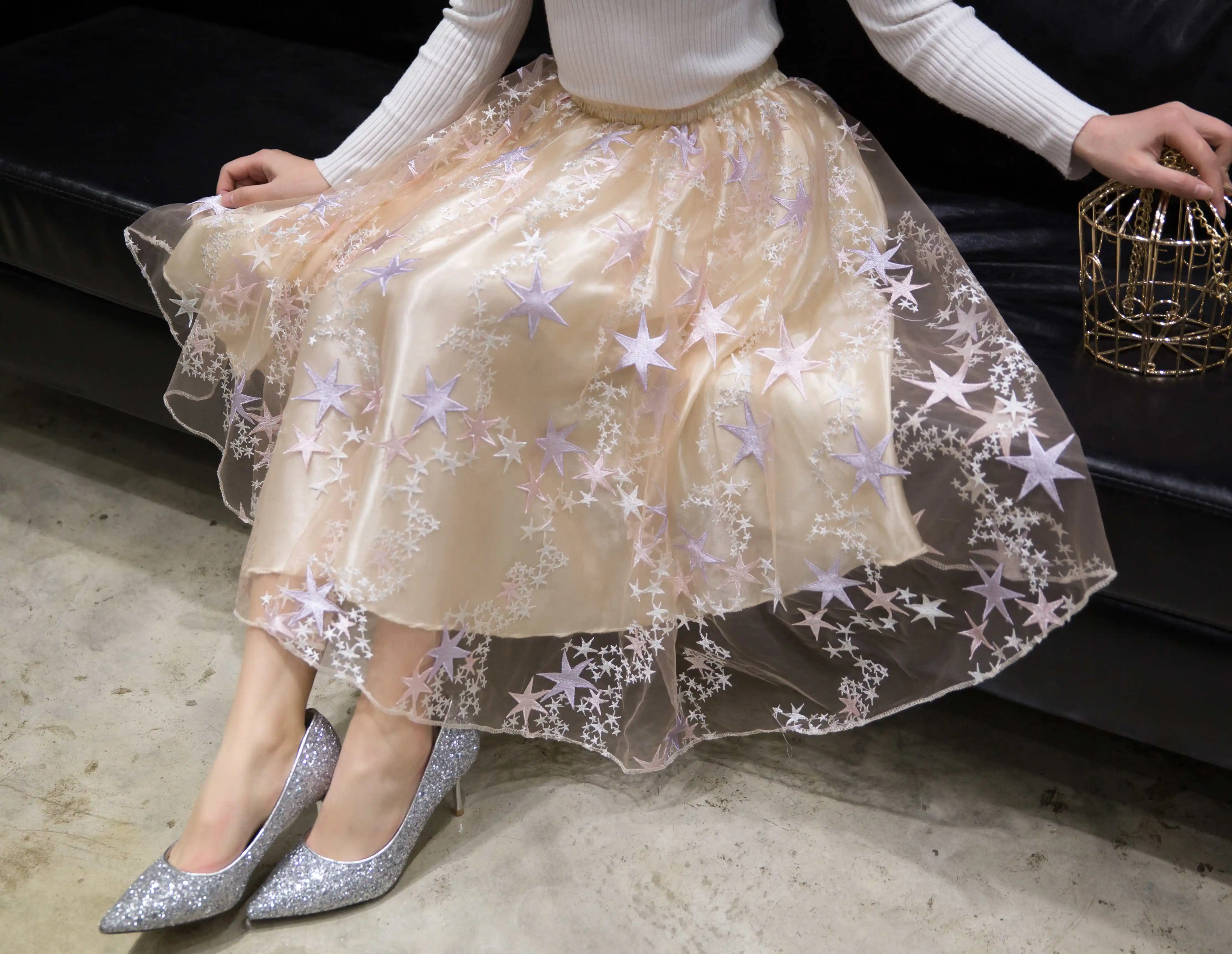 Unique Champagne Star Pattern Petticoat Knee Length High Quality Soft Skirt