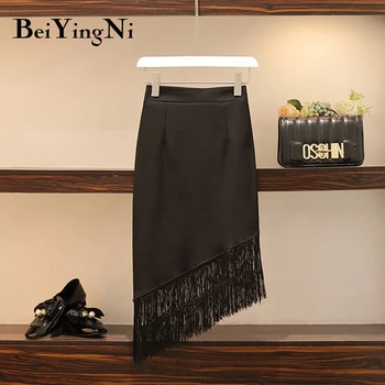 

Beiyingni Irregular Sexy Woman Skirt Solid Black Tassel Plus Size Elegant Office Midi Ladies Skirts High Waist Elastic Saia 2020