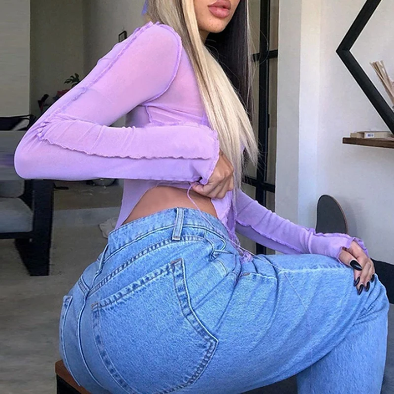 Chic Patchwork T-Shirts Woman Striped See Through Mesh Crop Top Y2K Top Casual Street Female Bodycon Tees