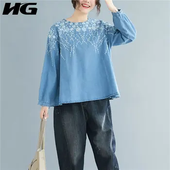 

HG Embroidery Flower Denim Shirt Literary Plus Size Womens Tops and Blouses Fashion Autumn Loose Women Clothes 2019 New XJ2322