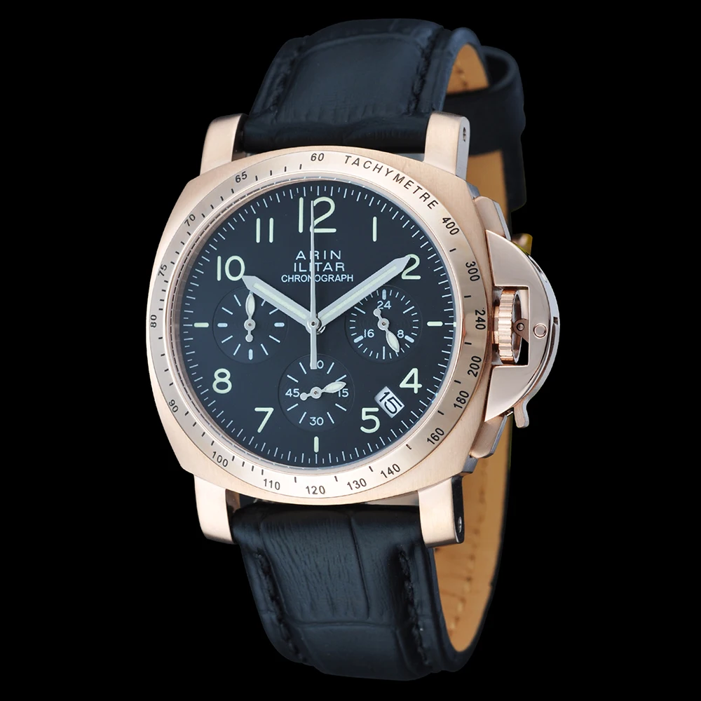 

Chronograph watch quartz watch gold steel case 40mm black dial silver buckle leather strap 01