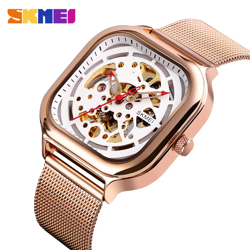 SKMEI модные механические часы Мужские автоматические часы Кварцевые водонепроницаемые часы с полым художественным ремешком со стальным ремешком montre homme 9184 часы - Цвет: Rose gold
