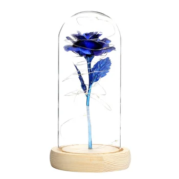 

Durable LED Light Simulation Gold Leaf Rose Dome Glass Cover Wooden Base Romantic Valentines Day Gift Room Decoration Supplies c