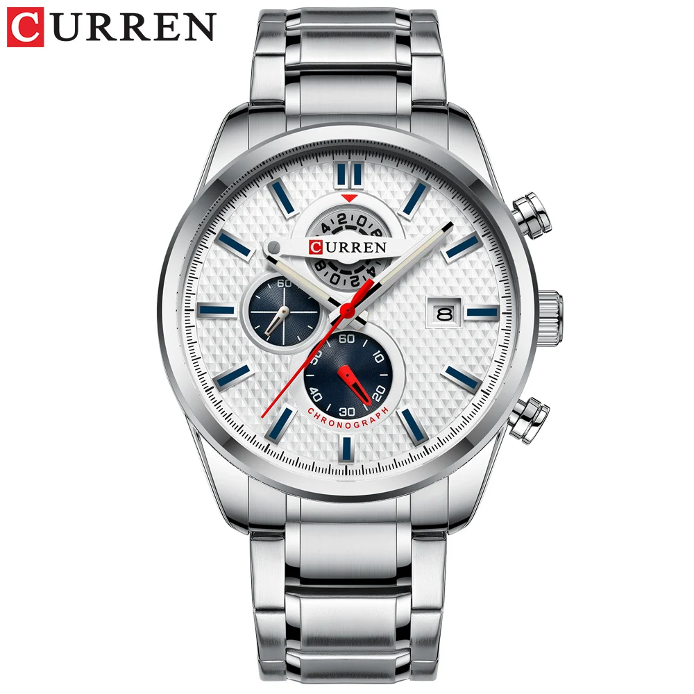 Топ люксовый бренд CURREN Мужские часы с хронографом деловые наручные часы из нержавеющей стали Кварцевые Мужские часы Relogio Masculino - Цвет: silver white