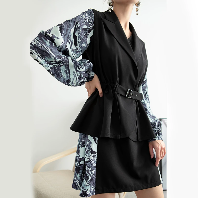 [EAM] женское платье с принтом Pttern, новинка, v-образный вырез, длинный рукав, свободный крой, мода, весна-осень, 1B961
