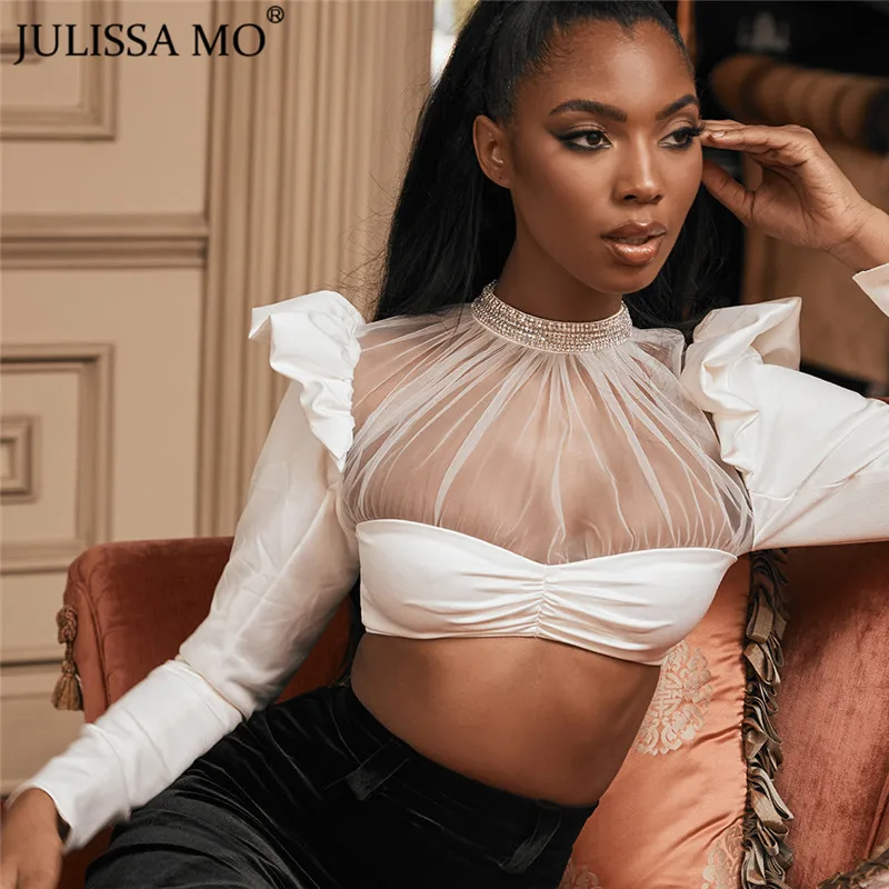 Julissa mo женский топ с рюшами пышными рукавами кристаллами прозрачной сеткой