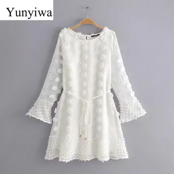 

2020 Women Autumn Elegant Fur Ball Decoration Ruffles Mini Dress Ladies French Style O Neck Lace Up Sashes Mini Dresses