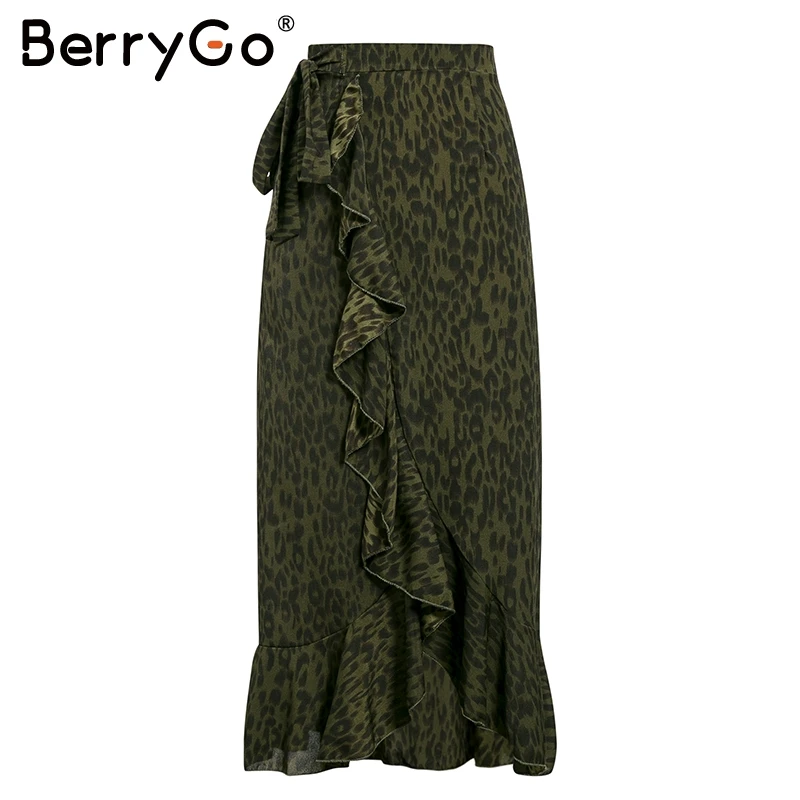 BerryGo элегантный Леопардовый принт Женская Макси юбка с боковым галстуком-бабочкой осенние женские юбки высокая Талия гофрированная Асимметричная Женская длинная юбка - Цвет: Зеленый